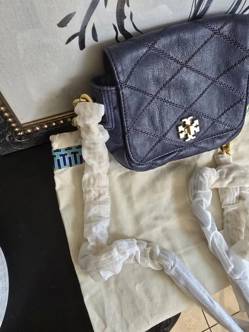 Tory Burch Navy Quilted Lysa Mini Crossbody Bag Gold Chain Strap Turn Lock NWT